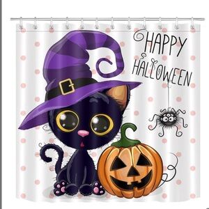 LB Halloween Pumpkins Cat Magic Hat Dots Shower Curtain